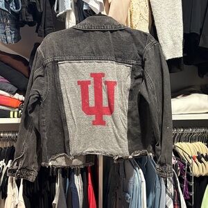Indiana University Women's Black Washed Denim Jacket - Casual Crop Trucker